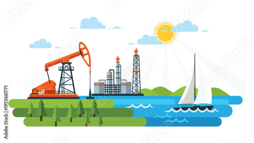 Environmental landscape showing industrial oil production next to a calm sea with a sailboat, depicting the coexistence of industry and nature.