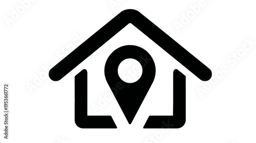 Home location pin icon. House symbol with map marker for address, delivery, property search, or real estate concept.