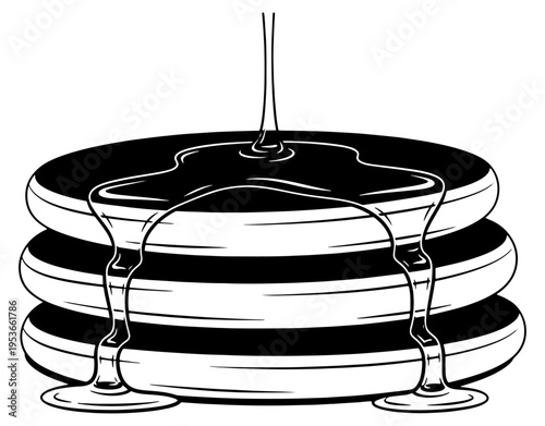 Stack of Pancakes with Dripping Maple Syrup Illustration, Minimalist Black and White Line Art Vector Sketch, Isolated Breakfast Food Design for Cafe Menu and Culinary Projects.