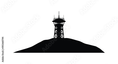 A stark silhouette of a watchtower atop a rounded hill