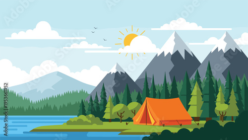 Peaceful campsite with an orange tent pitched near a lake and evergreen forest with high snow-capped mountains under a clear sky with a sun.