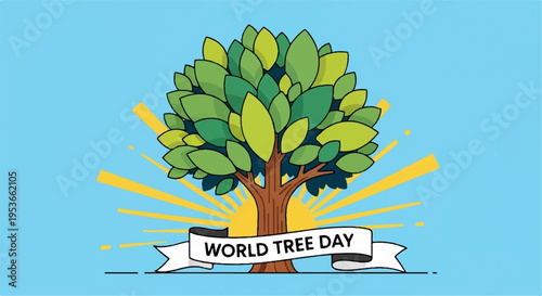 Vibrant tree with green leaves and yellow sun rays on blue background celebrating world tree day