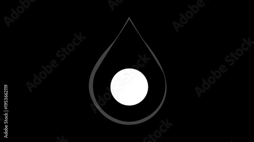 Elegant abstract water drop icon with white center on black. Modern minimalist liquid symbol for design concepts.
