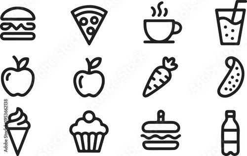 Single-line thick-stroke line art of food and drinks icons: burger, pizza, coffee cup, smoothie, fruits, vegetables, ice cream, cupcake, sandwich, soda bottle. One line draw graphic design vector