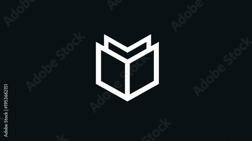 Abstract minimalist geometric line art icon of an open book or stylized flower on a dark background. Concept for education or knowledge.