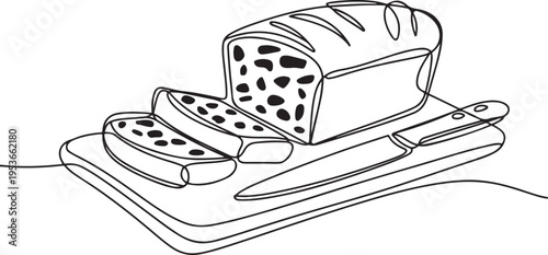 Continuous one line drawing zucchini bread that has been cut into 3 pieces on a chopping board. Healthy snacks for the weekend. National Zucchini Bread Day One line draw graphic design vector