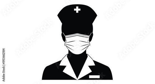 Black and white illustration of a nurse wearing a protective face mask
