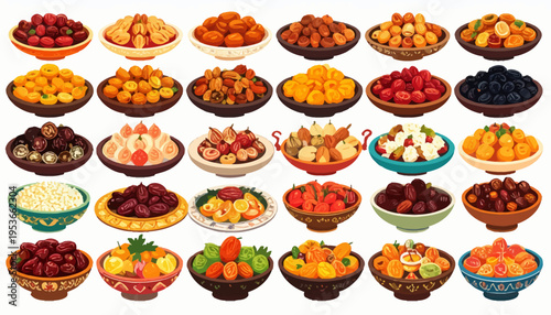 Variety of colorful fruit bowls displayed.