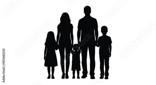 Silhouette of a family of five standing closely together against a white background