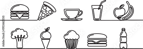 Single-line thick-stroke line art of food and drinks icons: burger, pizza, coffee cup, smoothie, fruits, vegetables, ice cream, cupcake, sandwich, soda bottle. One line draw graphic design vector