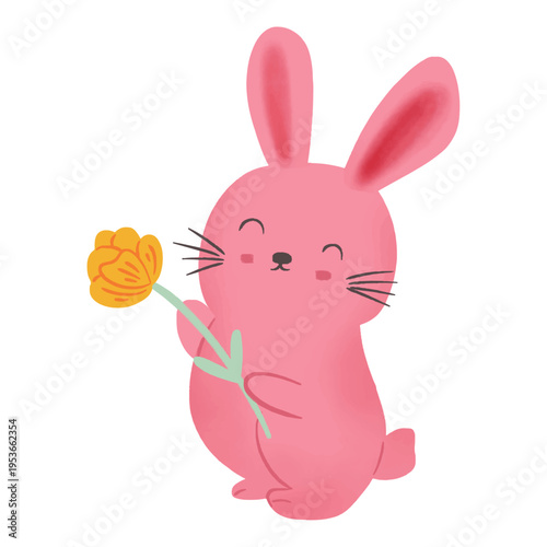 Cute pink bunny holding flower sweet adorable illustration