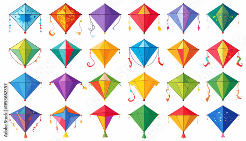 Colorful kites in various shapes sizes.