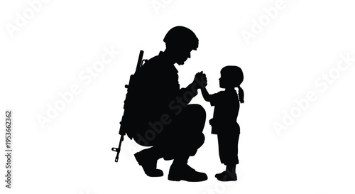 A soldier kneels to give a high five to a small child