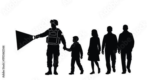 Silhouette of a police officer guiding a family forward with a flashlight