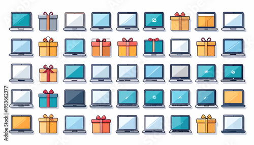 Laptop computer and gift icons.