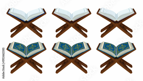 Six Quran stands with books.