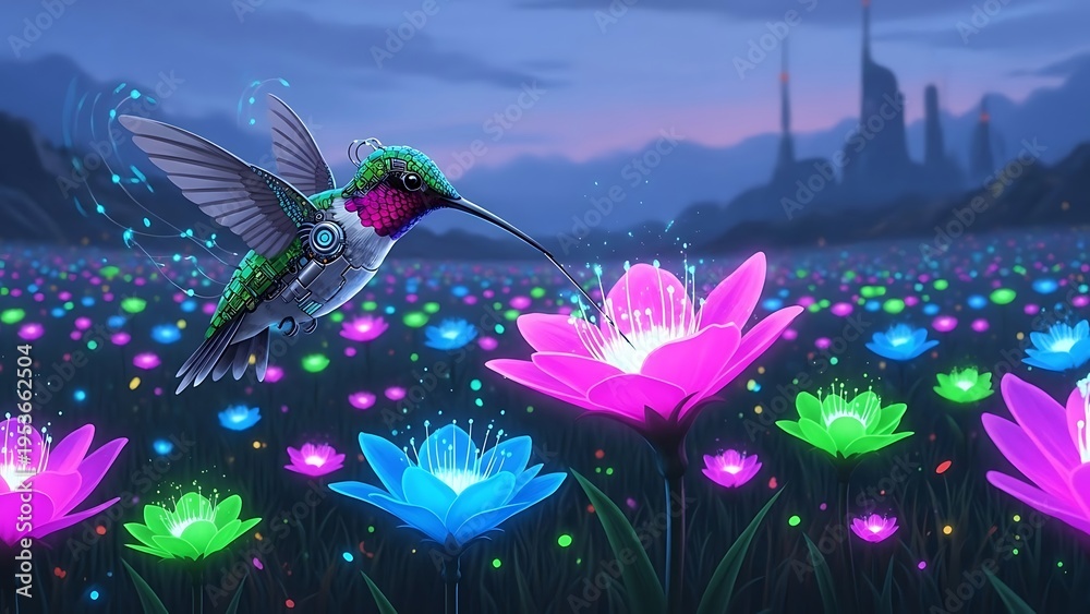 Obraz premium Hummingbird hovering above vibrant glowing flowers in an ethereal landscape