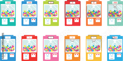 Colorful claw machine toy arcade set with prize grabbers, vending game machines collection, entertainment concept, kids amusement devices flat illustration isolated on white background