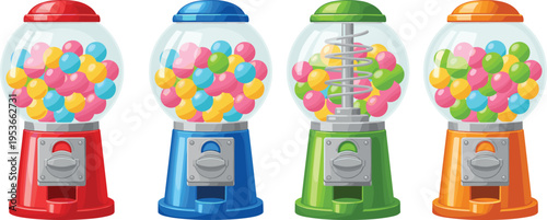 Colorful gumball machines set with candy dispensers, retro vending devices collection, sweet snack concept, classic arcade style equipment isolated on white background illustration