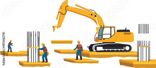 Construction workers installing steel rebar foundation with excavator at building site, teamwork and engineering process, heavy machinery and infrastructure development concept  