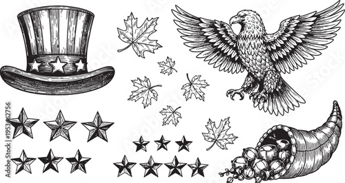 A collection of patriotic and harvest-themed elements including an Uncle Sam hat, bald eagle, stars, maple leaves, and a cornucopia.