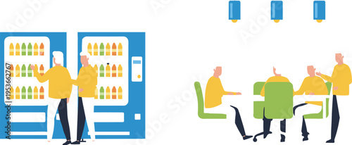 Office breakroom scene with coworkers using vending machines and chatting at table, workplace refreshment area concept, modern corporate environment flat illustration with people
