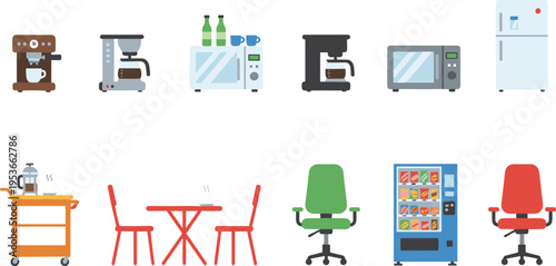Office kitchen and breakroom equipment set with coffee machines, microwave, fridge, vending machine, chairs and table, workplace interior elements collection flat illustration design