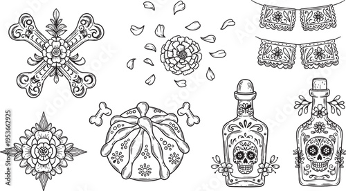 Detailed black and white illustrations for Day of the Dead, featuring pan de muerto, sugar skull bottles, marigolds, papel picado, and bone decorations.
