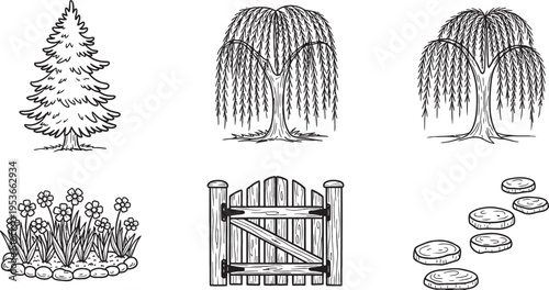 A collection of six black and white line art illustrations featuring various garden and nature elements like trees, flowers, a gate, and stepping stones.