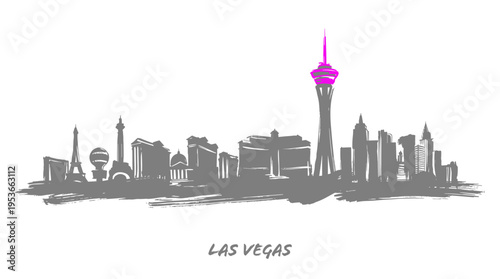 A stylized, monochromatic silhouette of the Las Vegas skyline, featuring iconic buildings and the Stratosphere Tower.