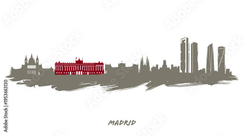 A minimalist silhouette of the Madrid skyline, featuring iconic buildings and landmarks in a muted color palette.