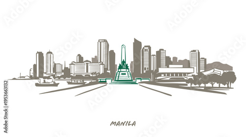 A stylized, monochromatic sketch of the Manila skyline, featuring prominent buildings and a central monument, with the city name subtly placed below.