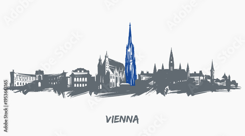 A stylized silhouette of the Vienna skyline, featuring iconic buildings and a prominent blue spire, set against a white background.