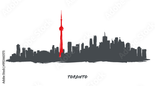 A minimalist silhouette of the Toronto skyline, featuring the iconic CN Tower highlighted in red against a backdrop of grey buildings.