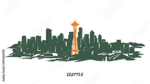 A stylized illustration of the Seattle skyline featuring the iconic Space Needle prominently in orange against a dark green silhouette of the city's buildings.