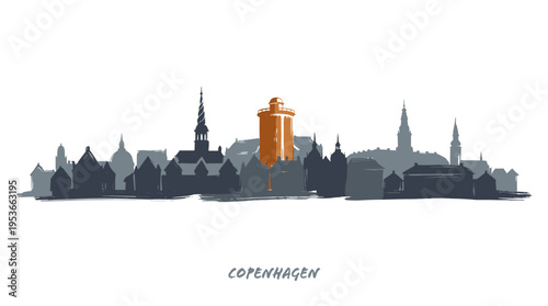 A minimalist, stylized illustration of the Copenhagen skyline featuring iconic buildings in shades of grey and a prominent orange tower.