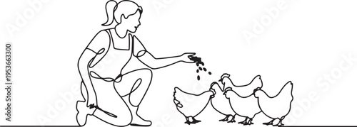 Single one line drawing of young female farmer is feeding the chickens with chicken feed. Farming challenge activities minimal concept. One line draw graphic design vector
