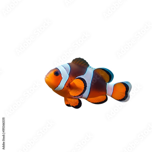 Orange and white clownfish swimming with subtle movement with white background