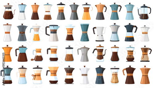 Collection of coffee makers and teapots.