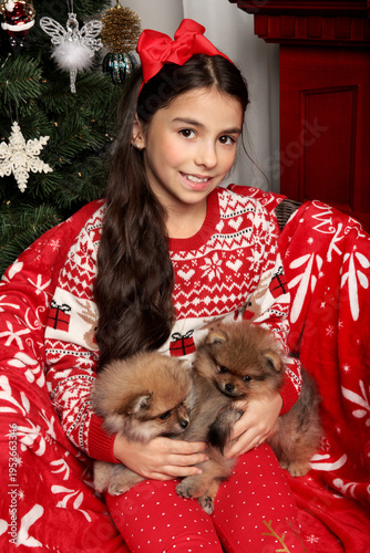 Girl in Festive Sweater Holding Puppies at Christmas
