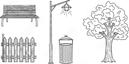Hand-drawn sketch illustration of various park and outdoor elements including a bench, fence, lamppost, trash can, and tree.