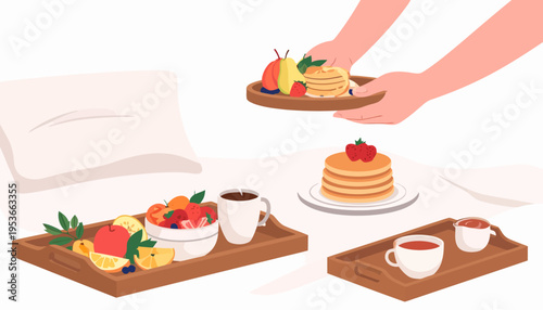 Person serving breakfast pancakes and coffee.