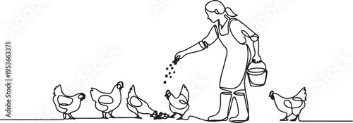 Single one line drawing of young female farmer is feeding the chickens with chicken feed. Farming challenge activities minimal concept. One line draw graphic design vector