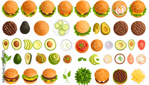 Variety of burgers and ingredients.