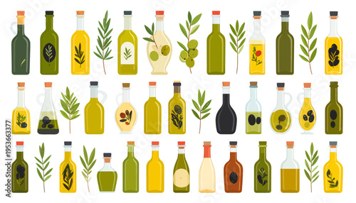 Bottles of olive oil and herbs.
