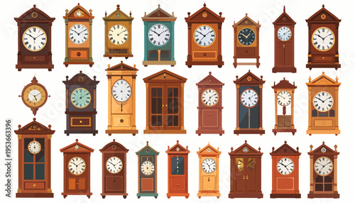 Collection of various old grandfather clocks.