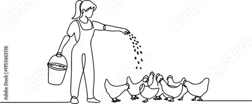Single one line drawing of young female farmer is feeding the chickens with chicken feed. Farming challenge activities minimal concept. One line draw graphic design vector