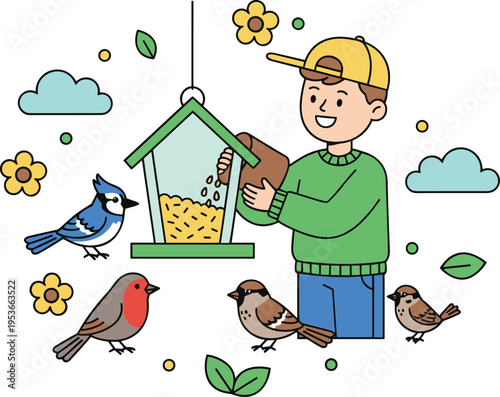 Flat vector illustration of a young boy filling a bird feeder surrounded by colorful garden birds and flowers.