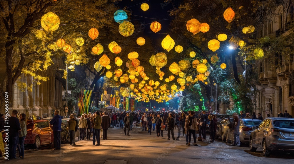 Obraz premium Lantern Festival Fills the Street With Glowing Decorations and Warm Light on a Lively Night With Many Visitors Enjoying the Celebration