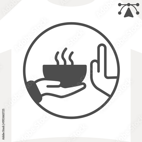 Refusing food hand gesture solid icon, soup concept. Vector graphics. Ceramic plate with hot lunch and hands sign and editable stroke, glyph style icon for mobile or web design.